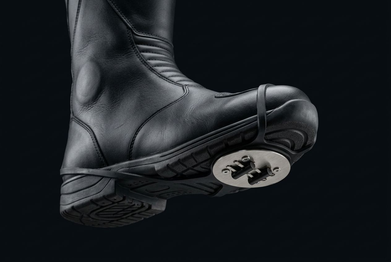 Foot Spark strapped firmly under the front of a black motorcycle boot
